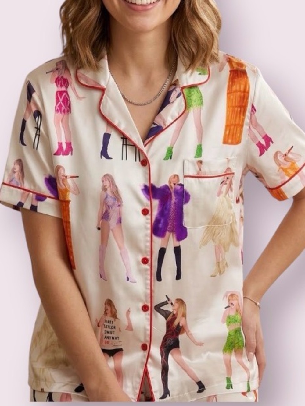 Taylor Swift Eras Tour Themed Satin Pajama Lounge Button Up Top